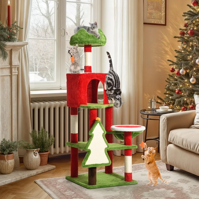 YITAHOME Christmas Cat Tree Tower for Indoor Cats, 137cm Multi-Level Cat Climbing Tower with Cat Condos, Top Perches, Hammock, Sisal Scratching Posts and Board, Kittens Play Activity Center