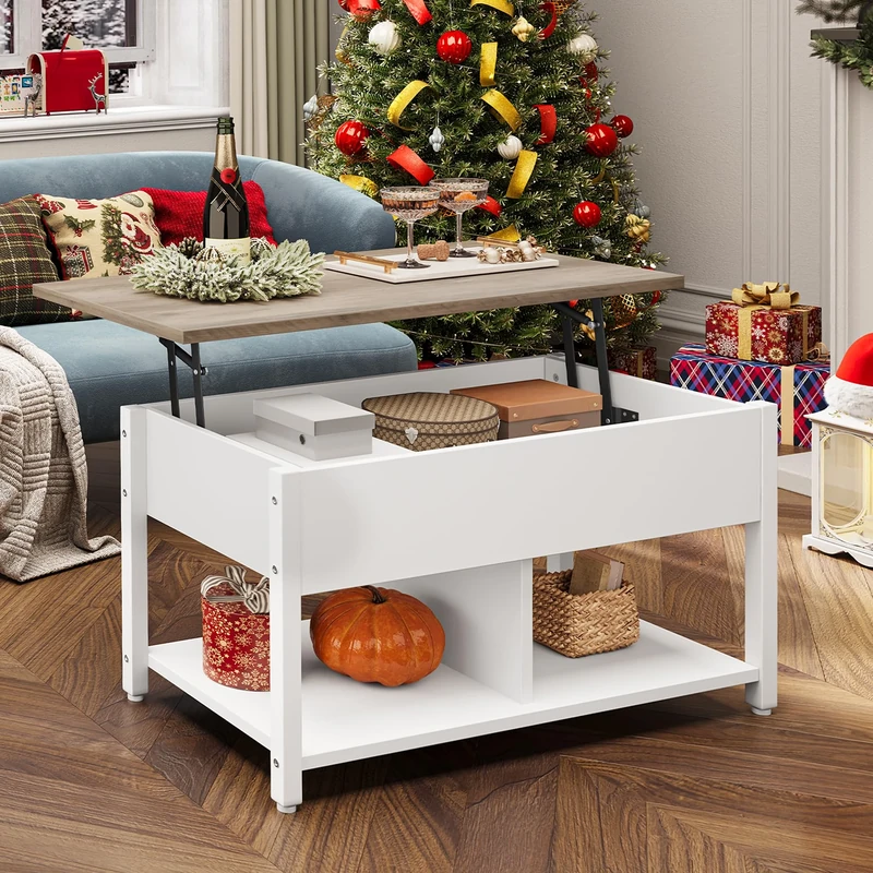 YITAHOME Lift Top Coffee Table, Easy-Lift, 2-Tier Storage, Adjustable Height with Hidden Storage Compartment and Shelf for Living Room, Office, White&Gray