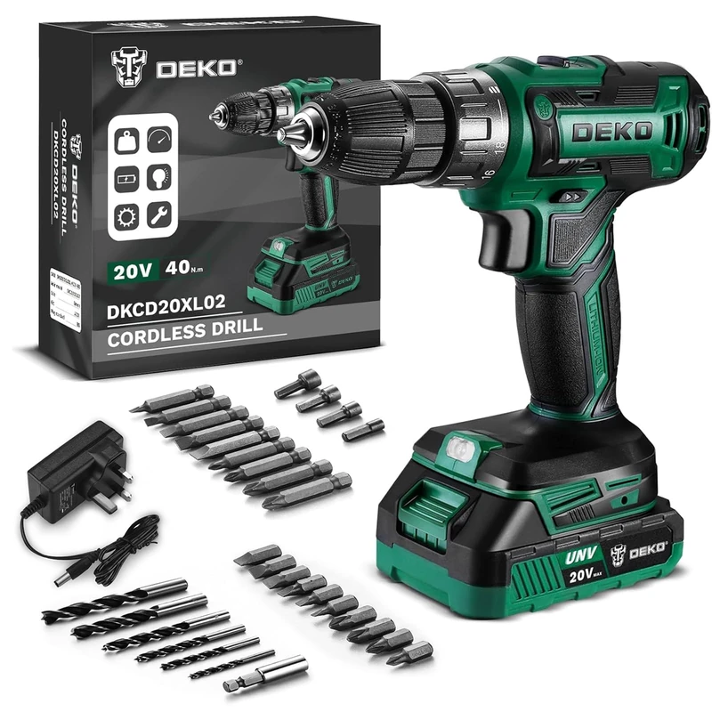 DEKOPRO 20V Cordless Drill Driver Set, 40N.m Torque 18+1 Clutch, 2-Speed 0-1350RPM, 10mm Keyless Chuck, 1.5Ah Lithium Battery & Charger, Complete Drill Bits Kit for Wood DIY Home Repairs