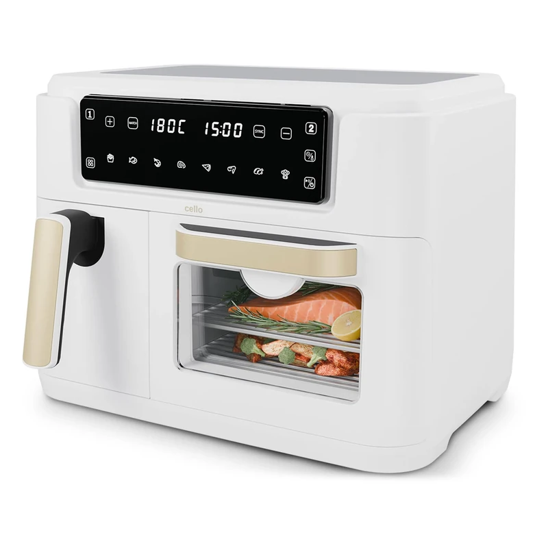 Cello 2400W Dual Zone Digital 11 Litre White Air Fryer With 2 Drawers, 3.5L and 7.5L Oven, 8-in-1, Touch Control, Air Fry, Grill, Roast, Bake, 8 Portions, Non-Stick, Dishwasher Safe