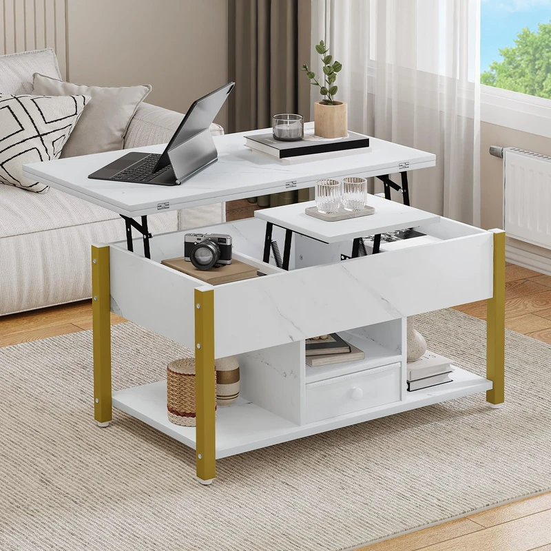 YITAHOME Lift Top Coffee Table with Drawers, 4 in 1 Multi-Function Liftable Coffee Table with Storage Space, Converts to Dining Table for Living Room Dining Room, White Marble