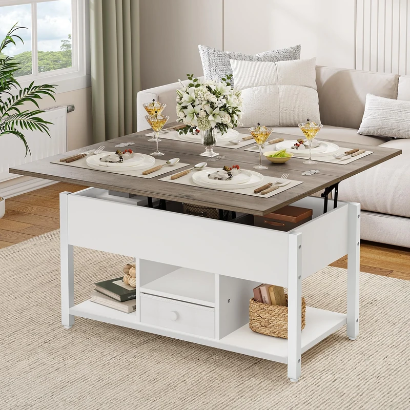 YITAHOME Lift Top Coffee Table With Drawers, 4 in 1 Multi-Function Liftable Table With Storage Space, Converts to Dining Table for Living Room Dining Room, White & Gray