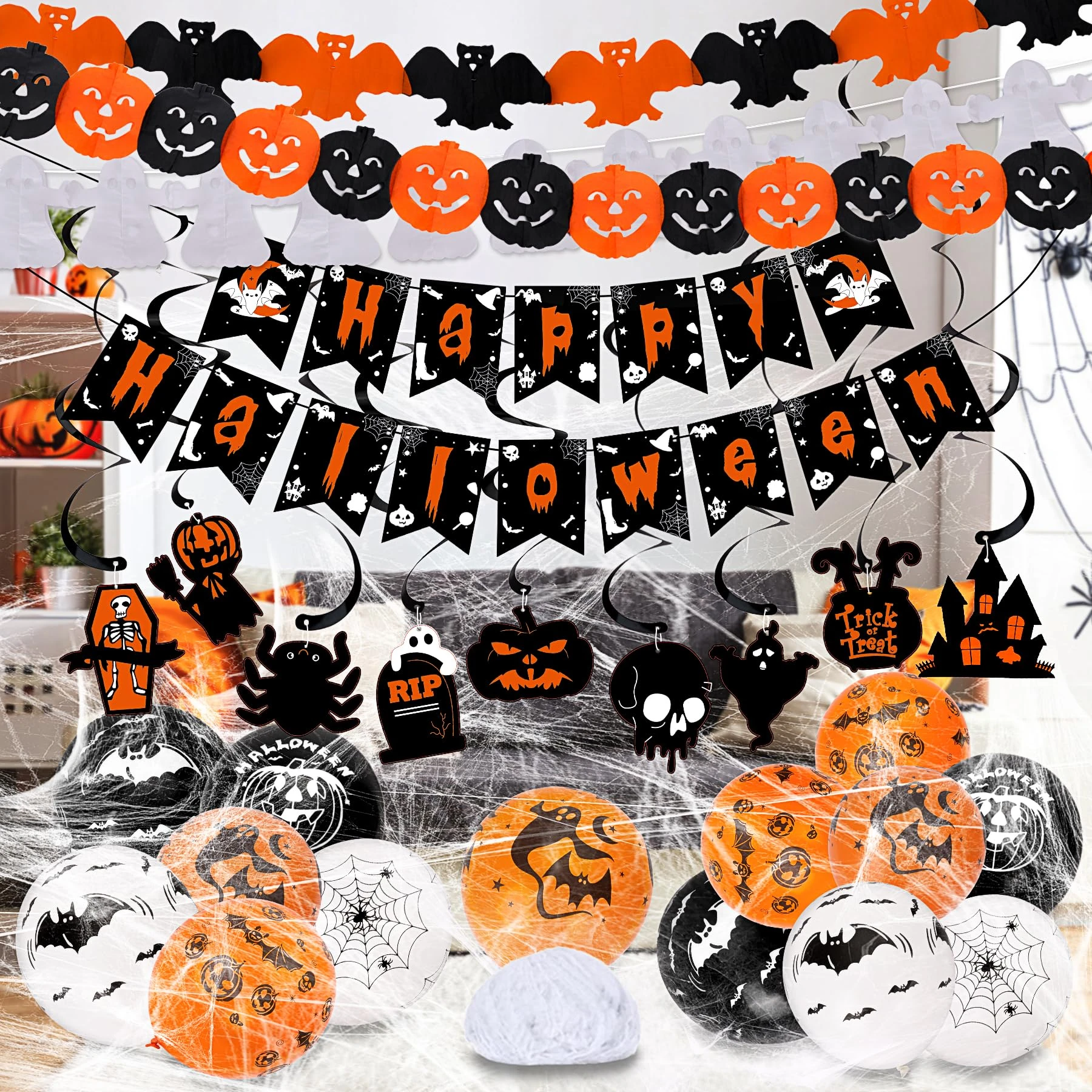 Reusable Happy Halloween Kit - Banner, Garland, Hanging Decorations, 14 Balloons, Spiderweb Cobweb for Indoor/Outdoor
