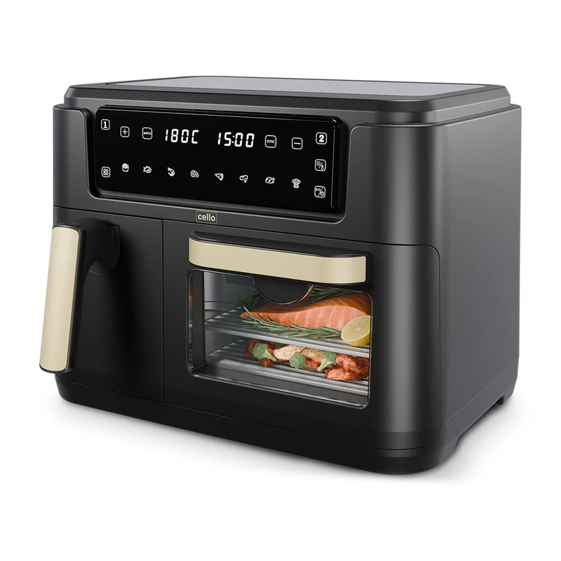 Cello 2400W Dual Zone Digital 11 Litre Black Air Fryer With 2 Drawers, 3.5L and 7.5L Oven, 8-in-1, Touch Control, Air Fry, Grill, Roast, Bake, 8 Portions, Non-Stick, Dishwasher Safe