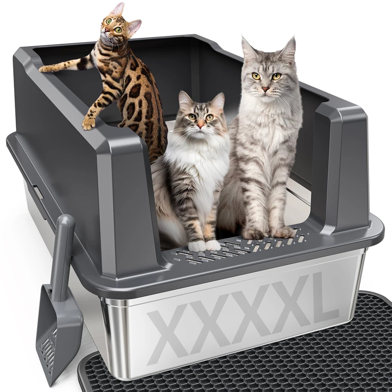 XXXL Stainless Steel Cat Litter Box with High Sides, 28" L x 20" W x 14" H Extra Large Litter Box for Big Cats and Multiple Cats, Enclosure Cat Litter Pan with Anti-Urine Leakage, Easy Clean