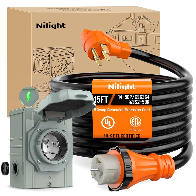 Nilight 50A 15FT Generator Extension Cord and Power Inlet Box 125/250V Heavy Duty 6/3+8/1 Gauge STW ETL Listed NEMA 14-50P/SS2-50R Twist Lock Connector for Generator RV Outdoor Use