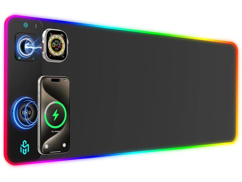 GIM Wireless Charging RGB Gaming Mouse Pad 15W, LED Mouse Mat 800x350x4MM, 10 Light Modes Extra Large Mousepad Non-Slip Rubber Base Computer Keyboard Mat for Gaming (Black-Dual Magnetic)