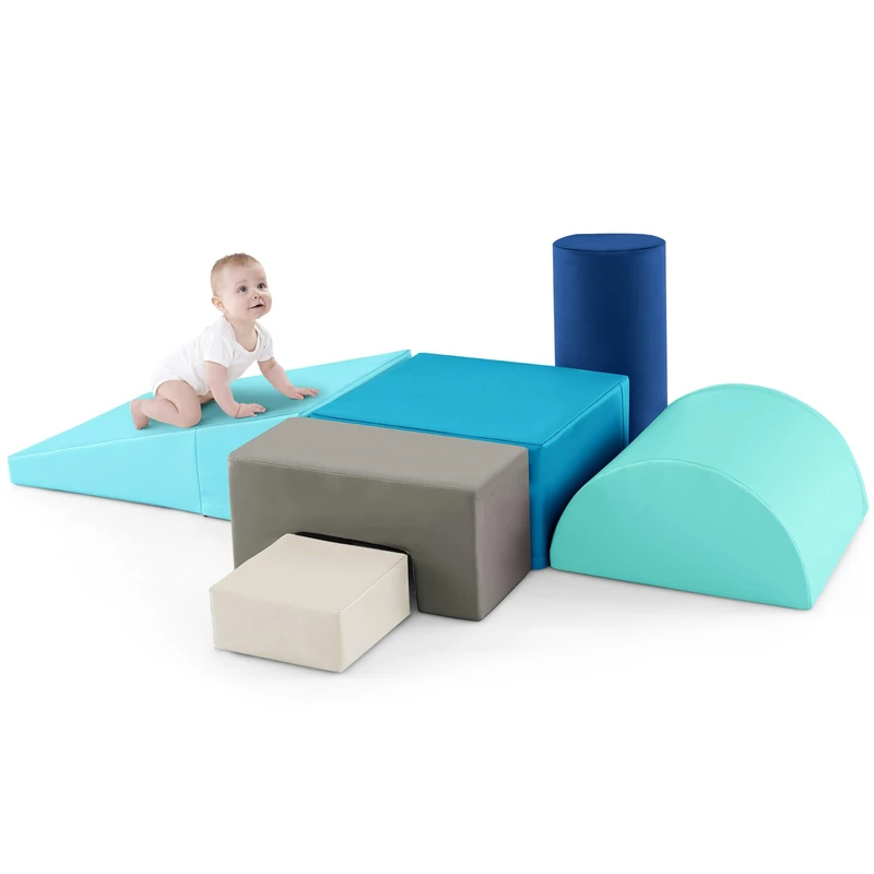 GYMAX Soft Play Equipment, 6-Piece Kids Activity Set, Baby Soft Foam Blocks Interactive Toy for Climbing, Sliding & Crawling (Ocean)