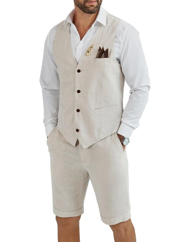Tiefony Men's Linen 2 Piece Suit Slim Fit Wedding Groom Groomsmen Summer Vest Shorts Set, Off-White, 3XL
