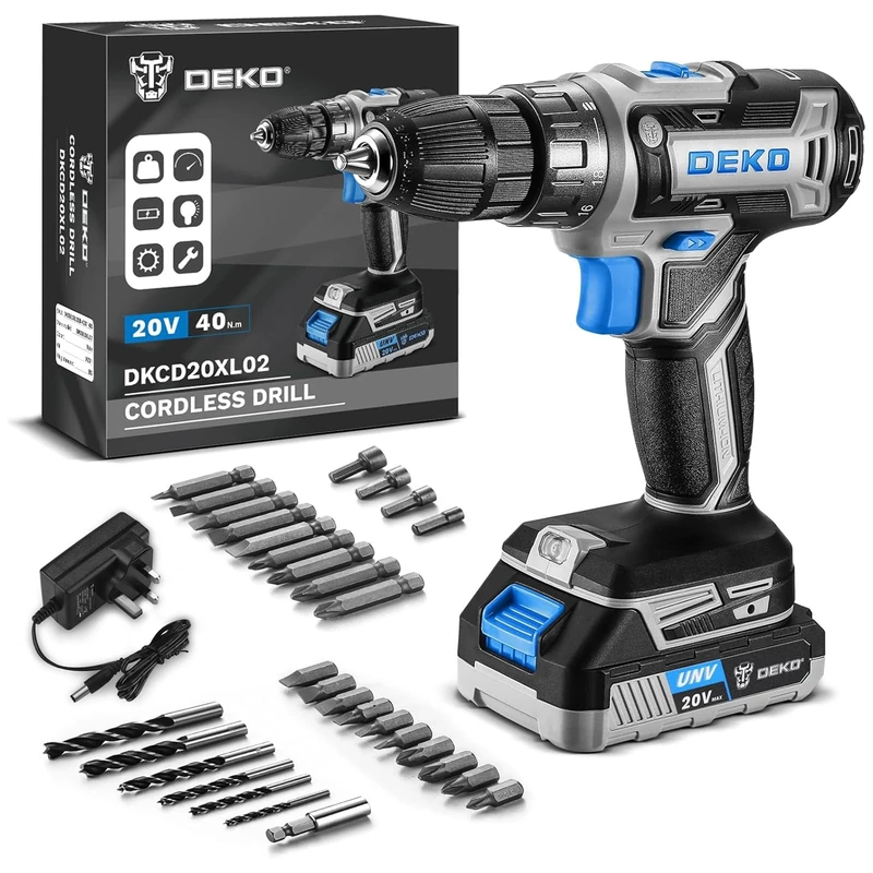 DEKOPRO 20V Cordless Drill Driver Set, 40N.m Torque 18+1 Clutch, 2-Speed 0-1350RPM, 10mm Keyless Chuck, 1.5Ah Lithium Battery & Charger, Complete Drill Bits Kit for Wood DIY Home Repairs