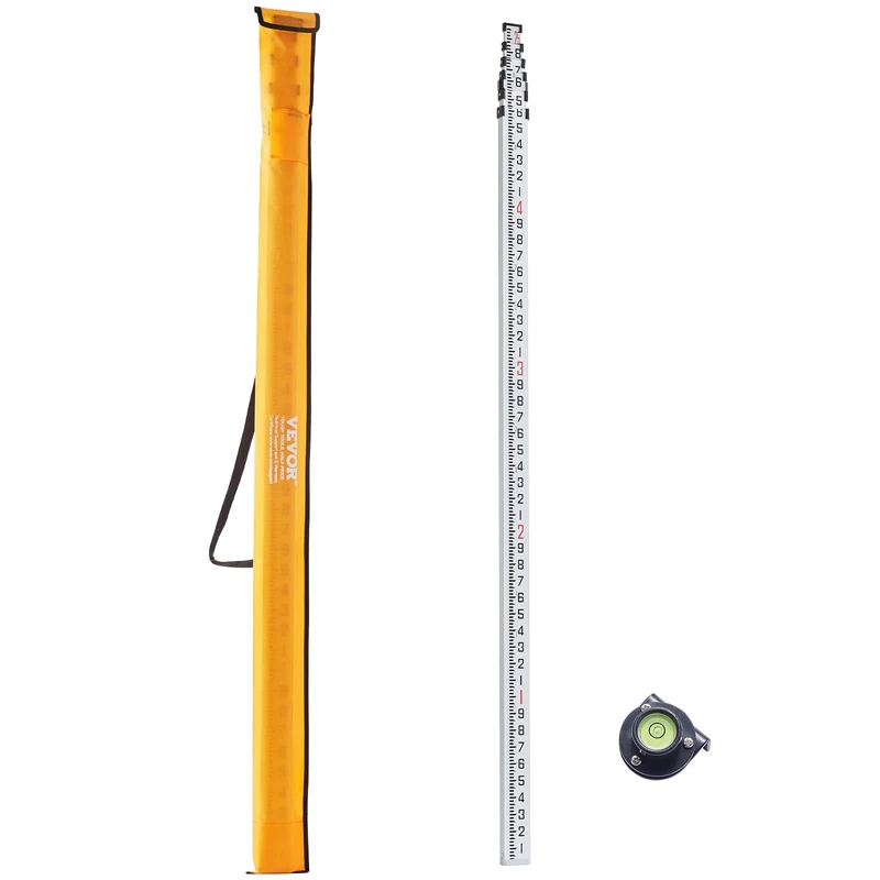 VEVOR Aluminum Grade 25-Feet/10ths 6 Sections Telescopic Measuring Rod, Double-Sided Scale 1/10ft Leveling Rod Stick with Bubble Level & Carrying Bag for Houses, Walls, Floors