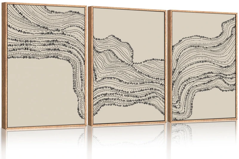 HLNIUC Framed Abstract Canvas Wall Art Set, Geometric Black White Wave Line Wall Decor, Large Minimalist Painting, Neutral Modern Art Print for Living Room, Bedroom, Dinning Room, Office - 24"x36"x3