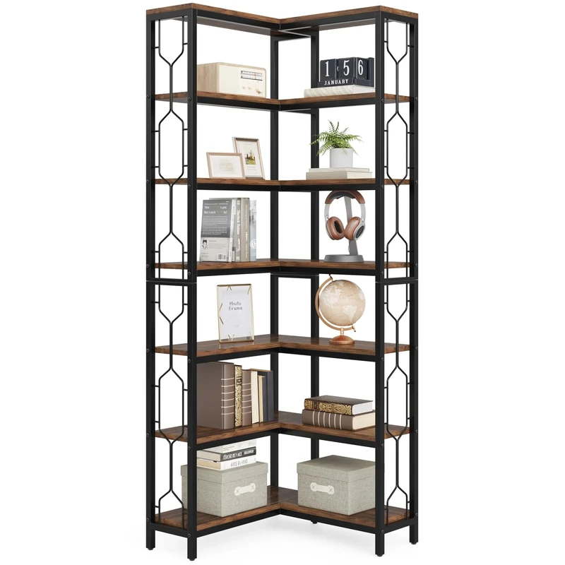 LITTLE TREE Bookshelf, 7-Tier Bookcase, Tall Book Shelf Modern Book Case for Books, Garage Kit, CDs, Movies, Industrial Corner Storage Organizer for Bedroom Home Office Kitchen Living Room, Brown