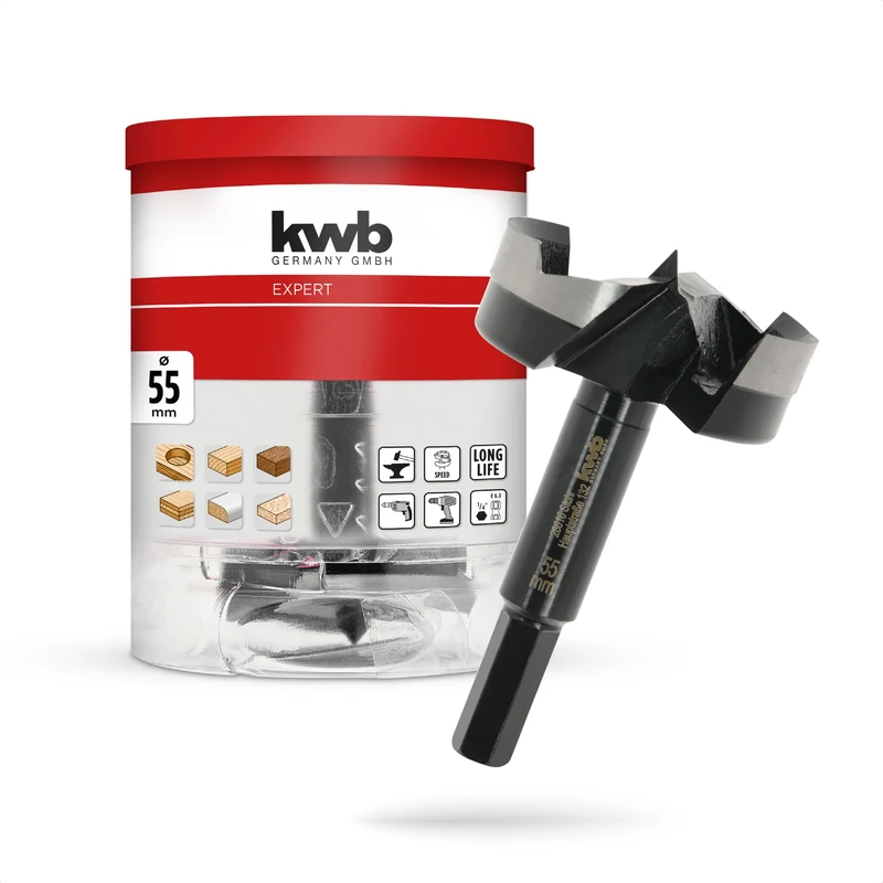 kwb Forstner Bit, Ø 55 mm, Cup Drill Bit (for Wood, Forged Drill Head, Special Grinding, Fast, Tear-Free Drill Holes, 4-Sided Ground Centre Point, Durable, for Cordless Screwdrivers & Drills)