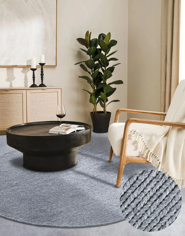 Villeroy & Boch Francois Wool Rug Round - Natural Living Room Rug - Hand Woven & Environmentally Friendly - Boho Rug Wool for Living Room, Bedroom, Dining Room, Hallway, Kitchen - Silver, 160 cm