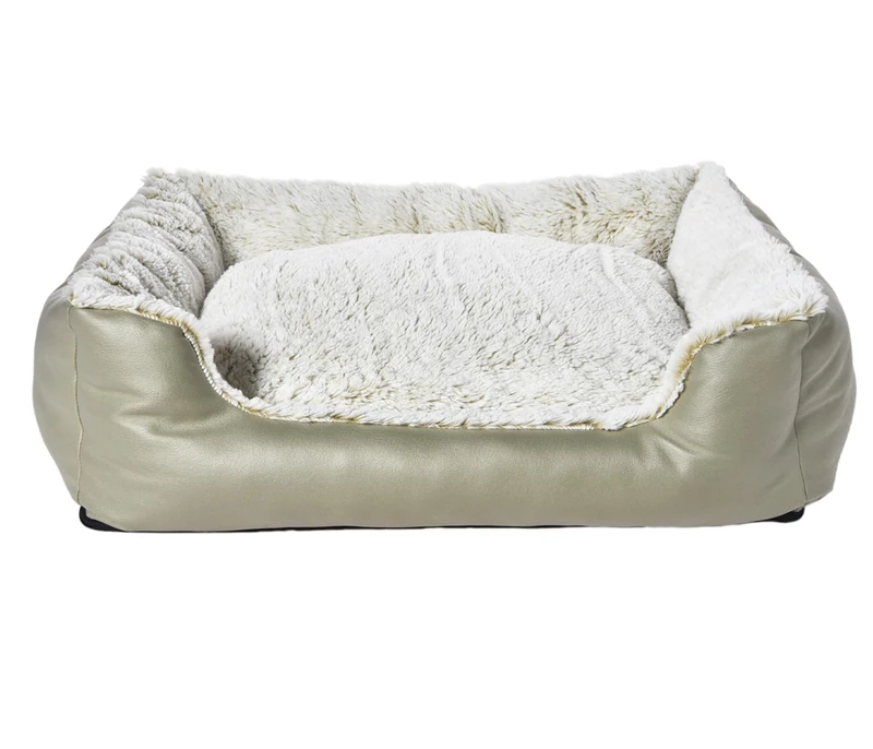 Dehner Lieblinge Casim Cuddly Dog Bed/Cat Bed with Non-Slip Base, Approx. 85 x 65 x 25 cm, Size L, Polyster/Polypropylene, Beige/White - Image 1