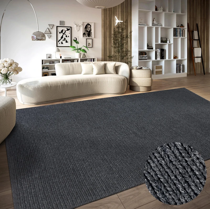 Villeroy & Boch Francois Wool Rug Natural Living Room Rug Hand-Woven & Natural Boho Rug Wool for Living Room Bedroom Dining Room Hallway Kitchen Anthracite 80 x 150 cm