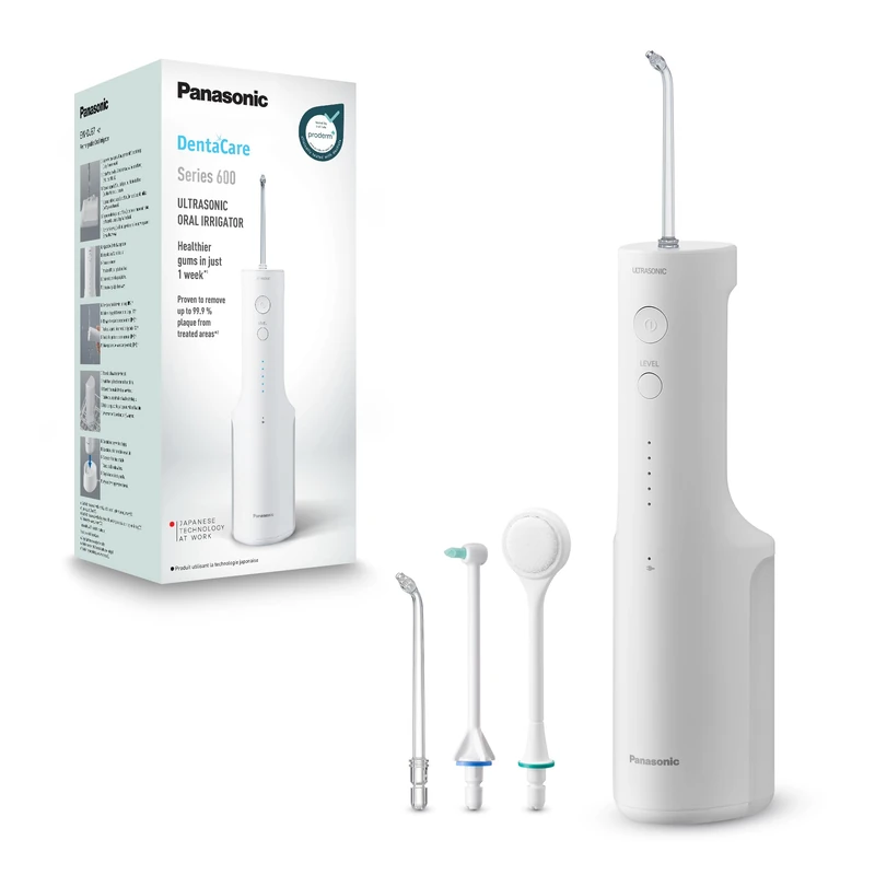 Panasonic Series 600 Ultrasonic Dental Flosser EW-DJ67-W303, Dental Jet, 200 ml, IPX7, 2 Standard Tips, 1 Orthodontic Tip and 1 Tongue Tip, 5 Pressure Settings, White