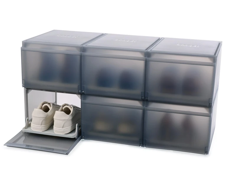 Joseph Joseph ShoeCase Premium Shoe Storage Box, Slide-Out Tray, Dustproof, Drop-Down Door, Ventilated, Easy Assembly, 6 Pack, Grey