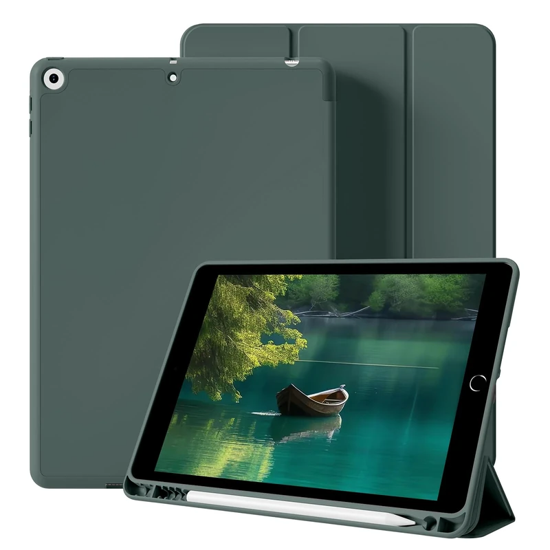 BQDIYOO Case for iPad 9th 8th 7th Generation (2021/2020/2019), 10.2 Inch Case, with Pencil Holder, Hard Clear iPad 9/8/7th Generation Cover, Auto Wake/Sleep, Dark Green