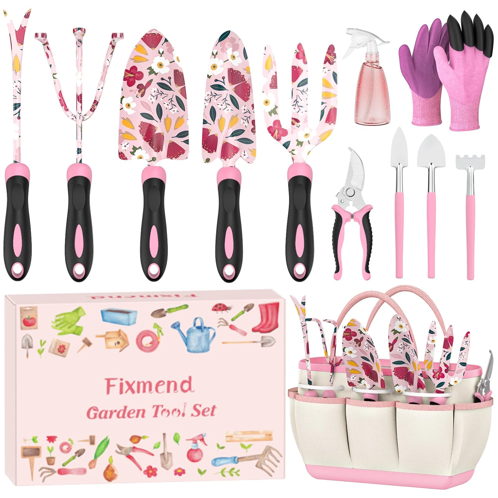 Fixmend Gardening Gifts for Women, 12 Pcs Garden Tools Set with Flower Print, Gardening Hand Tools Gift Kits for Birthday, Mother's Day, Christmas, Retirement, Valentine's Day