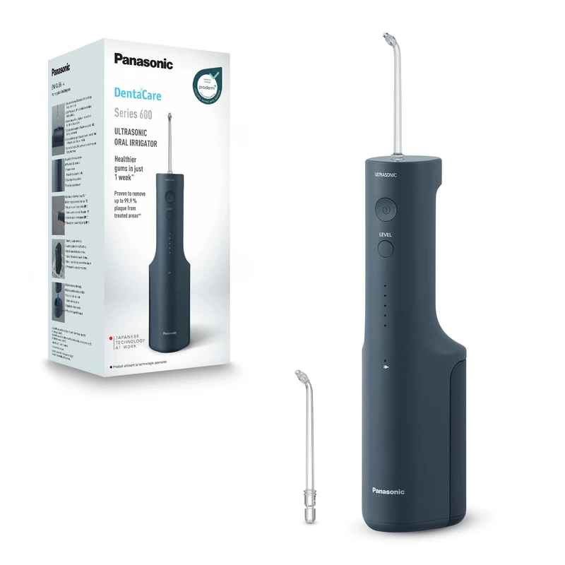 Panasonic Serie 600 Ultrasonic Dental Irrigator EW-DJ66-A303, Oral Irrigator, 200 ml, IPX7, 2 Standard Tips, 5 Pressure Settings, Travel Accessory, Navy Blue