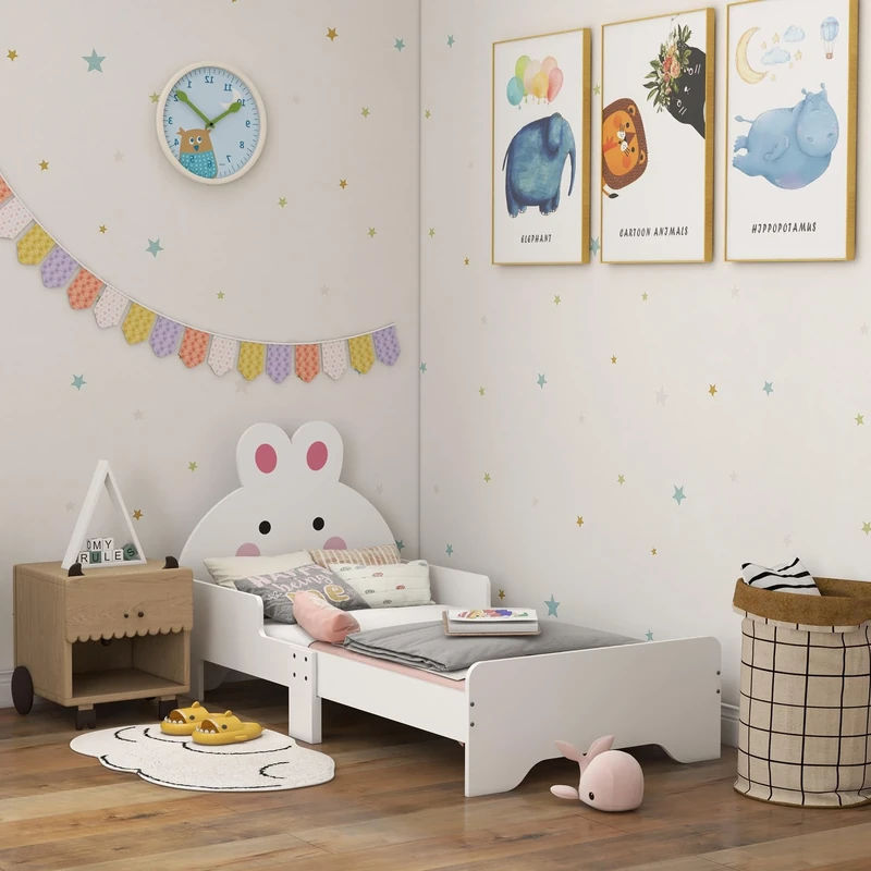 ZONEKIZ Toddler Bed Frame, Rabbit-Themed Kids Room Furniture, for 3-6 Years, 143 x 74 x 75cm - White