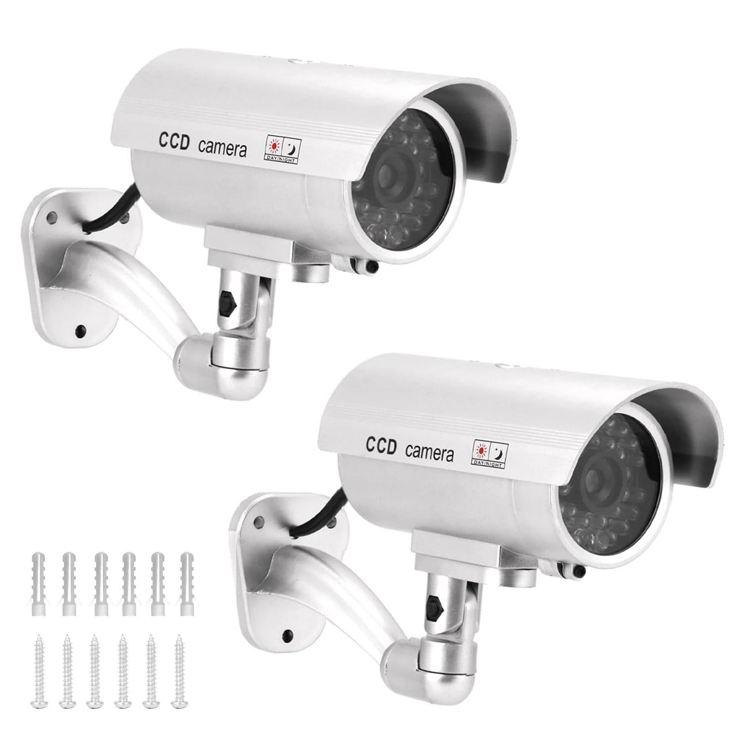 QWORK® 2 Pack Silver Dummy Security Cameras with Red Flashing Light, Waterproof Bullet Shape, Outdoor Indoor Use, Includes CCTV Signs and Screws