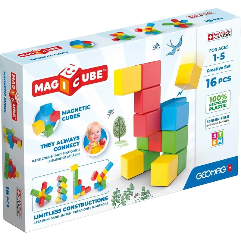 Geomag Magicube Creative Magnets, Pack of 16 Cubes in 4 Colours, For Ages 1 Year and Above, Toddler Construction Kit for Developmental Play