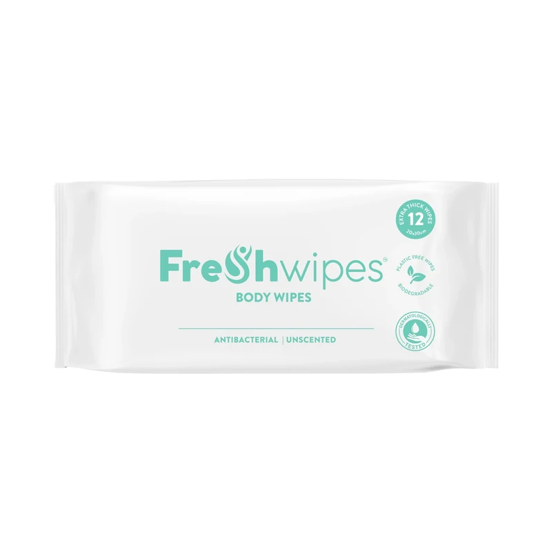FreshWipes Unscented Antibacterial Body Wet Wipes For Adults 1 Pack (12 Wipes) - Extra Large Biodegradable - Dermatologically Tested & Suitable for the Elderly or Disabled - Great for Camping