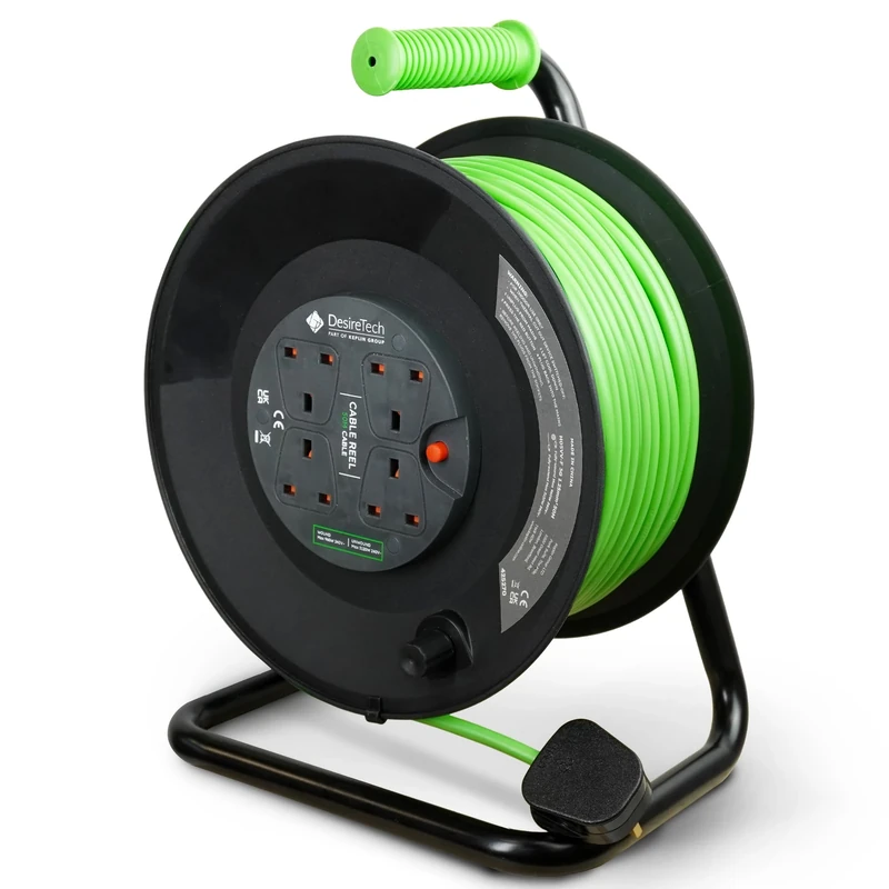 Desiretech - 4 Socket Extension Lead - 50m Portable Cable Reel - Thermal Cut Out, Ergonomic Handle, Green/Black - Heavy Duty Extension Cord for Indoor Use (50 Metre)
