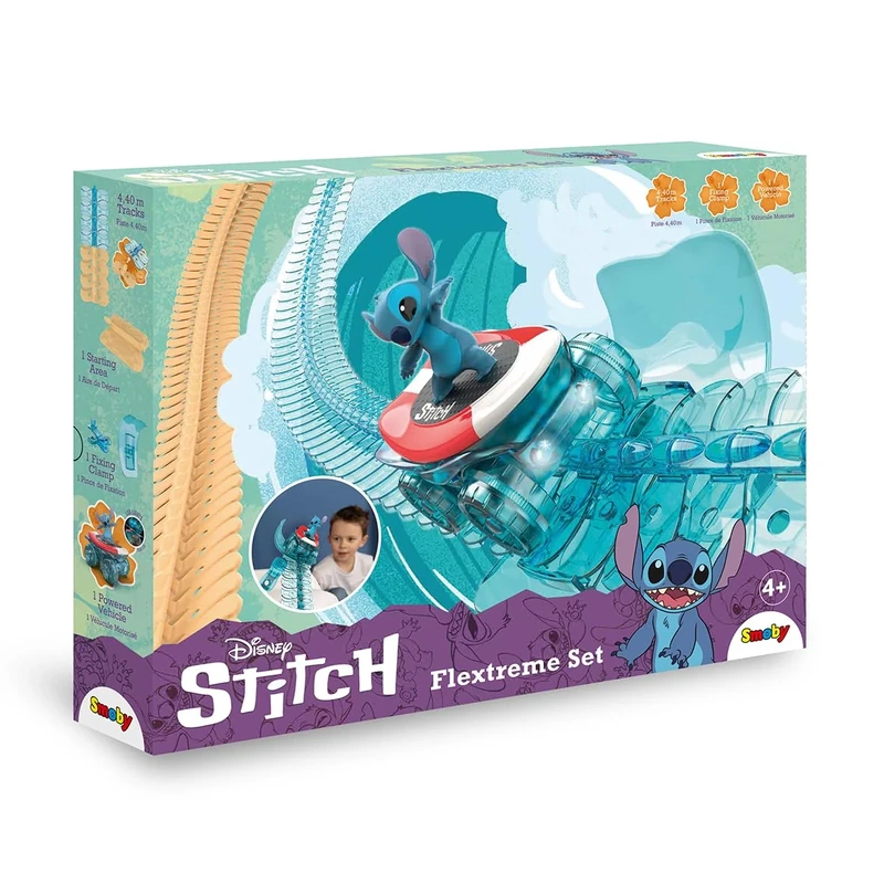 Smoby - Stitch - FleXtreme - 4.40 meters of Car Circuit - 184 Flexible and Modular Tracks + 1 Stitch Vehicle with Light Effects - Batteries Included - From 4 Years Old - Image 1