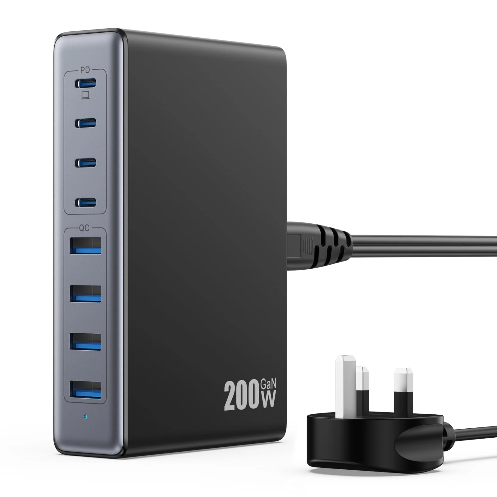 200W USB C Charger Block,GaN III 8-Ports USB C Charging Hub,QC4.0 Fast Phone Charging Station+PD 65W Laptop Charger Compatible with MacBook Pro/Air,DELL,iPhone 16 Pro/15,Galaxy S24/S23,Steam Deck