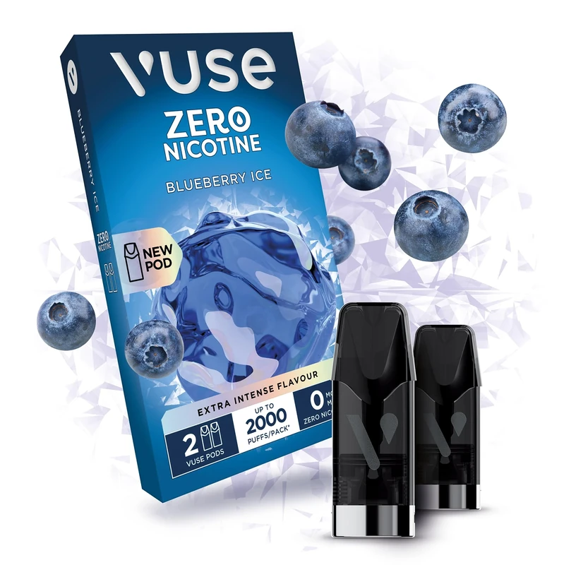 VUSE Blueberry Ice Extra Intense Flavour Pods, Pack of 2, 2ml, Puff Activated, up to 2000* Puffs per Pack, Compatible with Vuse Pro and GO RELOAD Devices, 0mg Strength, Nicotine-Free Vaping**