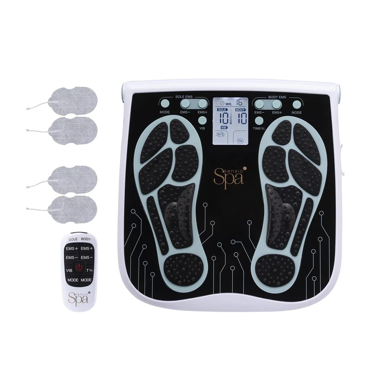 Sensio Spa Foot & Legs EMS Machine with 99 Intensity Levels, Includes 4 Gel Pads for Legs, Back & Shoulders, Remote Control, Mains or Battery Powered