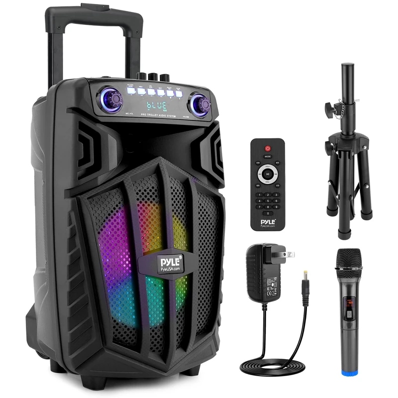 Pyle 680W Portable Bluetooth PA Speaker - 10" Rechargeable Outdoor Karaoke Speaker, Audio System w/Wireless Mic and Wheels, TWS, Lights, LED Display, 6.5mm Mic Input, FM/AUX/MP3/USB/SD