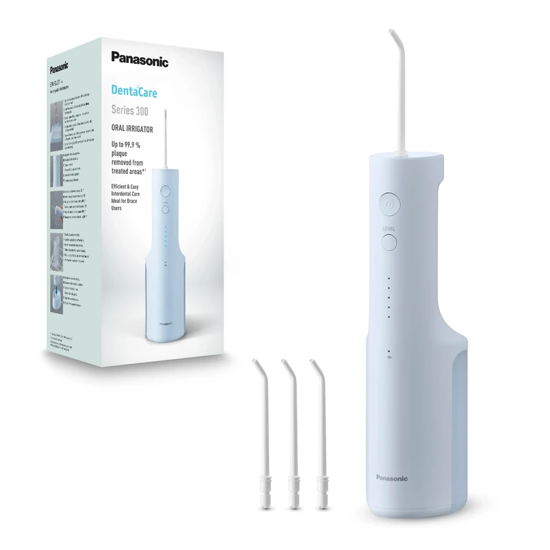 Panasonic Series 300 Oral Irrigator EW-DJ27-A303, Dental Irrigator, Wireless Oral Irrigator, 200 ml, IPX7, 4 Standard Nozzles, 5 Water Pressure Levels, Travel Accessories, Ice Blue