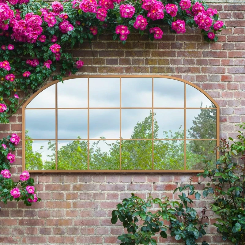The Arcus - Gold Metal Framed Window Arched Garden Wall or Fence Mirror 69" X 33" (174CM X 85CM)