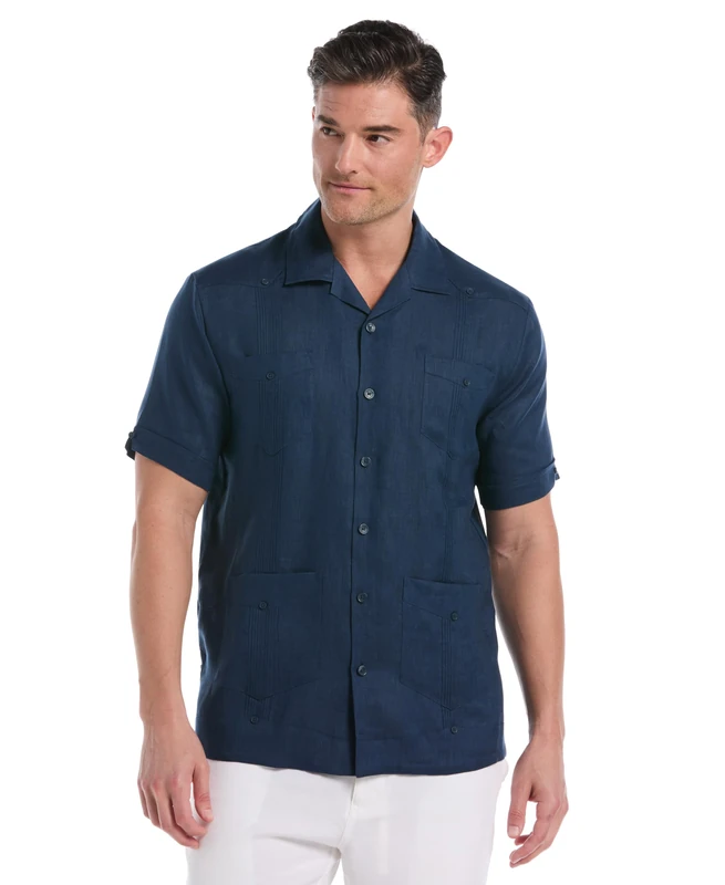 Cubavera Men's 100% Linen Short Sleeve Button-Down Guayabera Shirt, Four Pockets, Camp Collar, Pintuck Detail, Lightweight, Titan, Medium