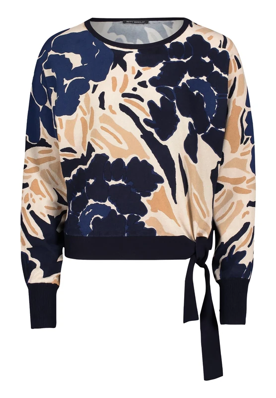 Betty Barclay Women's Fine Knit Jumper with Print, Dark Blue/Nature, 10