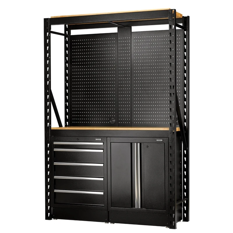 Draper BUNKER 27912 15-Piece Modular Storage Combo 2 Tier Racking with Hardwood Shelving, Pegboards and Floor Cabinets, 1500 mm