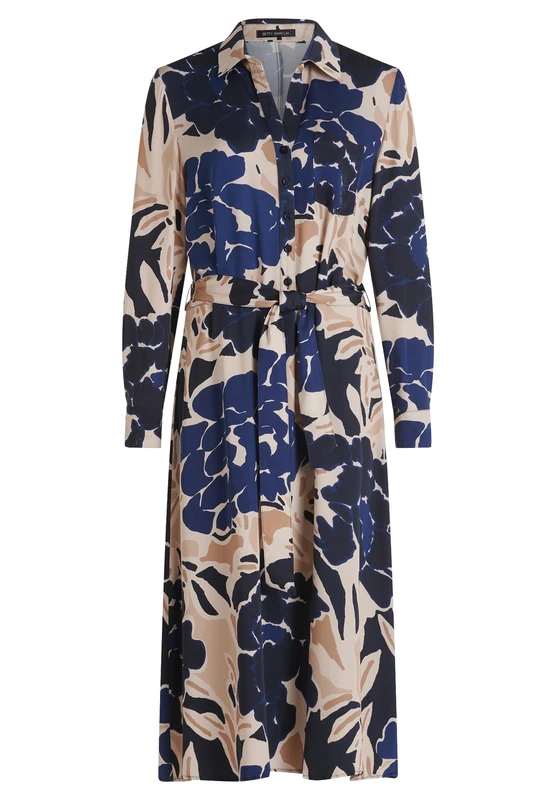 Betty Barclay Women's Shirt Blouse Dress with Tie Belt, Dark Blue/Nature, 18