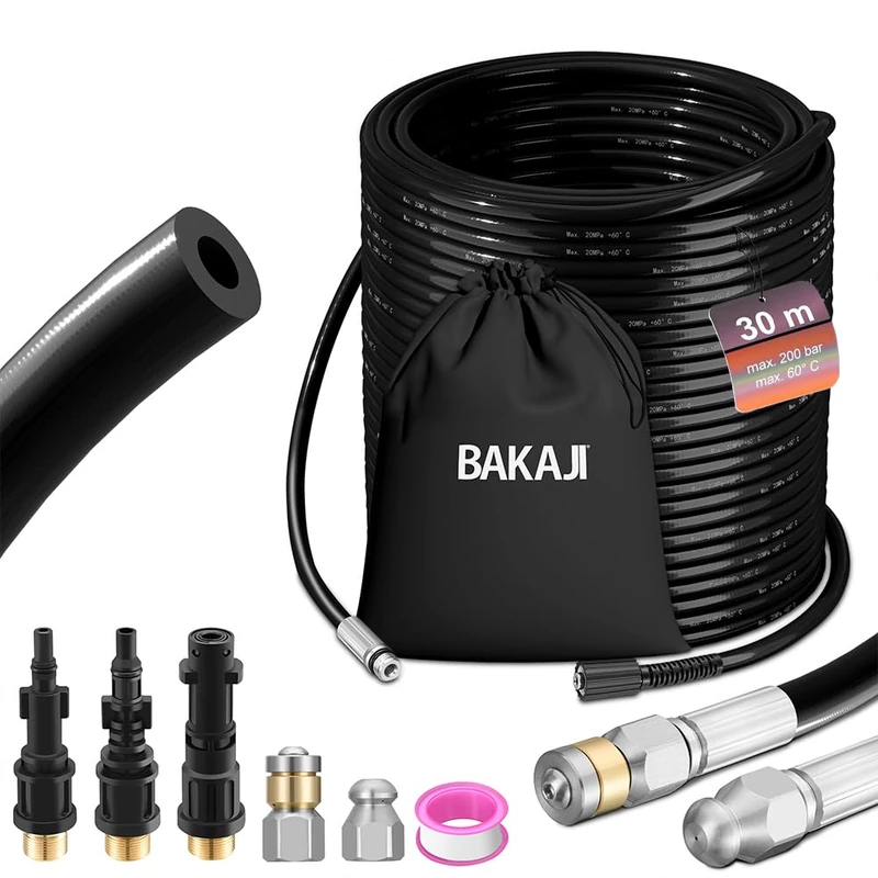 BAKAJI High Pressure Pipe Purge Probe 200 Bar, Anti-Kink System with Case, 3 Adapters, 2 Fixed and Rotary Nozzles, Compatible with Kärcher K2-K7 Lavor Pressure Washer (30 Metres with Bag)