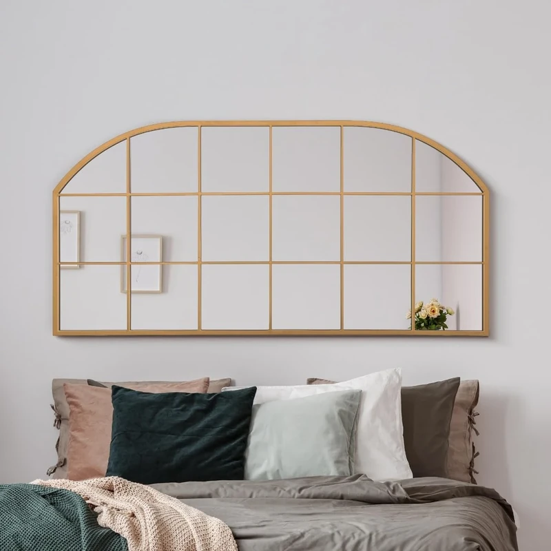 The Arcus - Gold Metal Framed Window Arched Wall or Mantle Mirror 69" X 33" (174CM X 85CM)