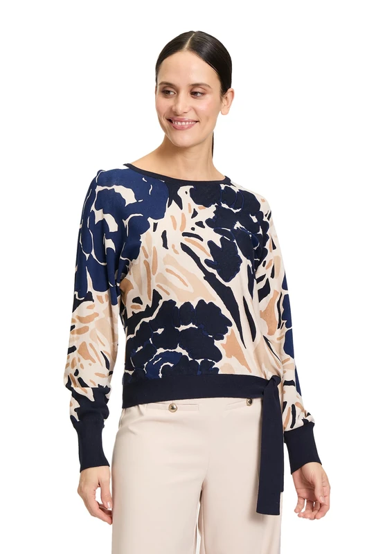Betty Barclay Women's Fine Knit Jumper with Print, Dark Blue/Nature, 12