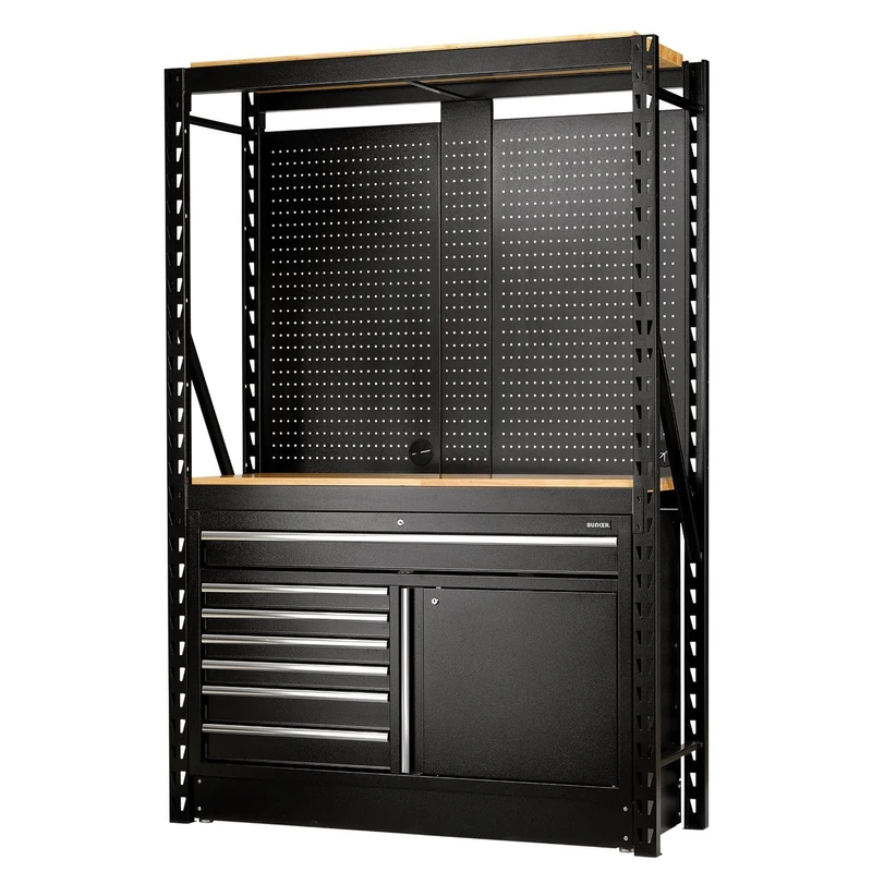 Draper BUNKER 28005 14-Piece Modular Storage Combo 2 Tier Racking with Hardwood Shelving, Pegboards and Floor Cabinet, 1500 mm