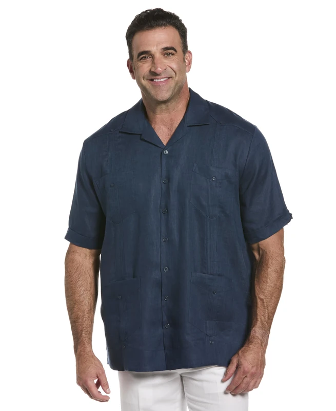 Cubavera Men's 100% Linen Short Sleeve Button-Down Guayabera Shirt, Four Pockets, Camp Collar, Pintuck Detail, Lightweight, Titan, XL