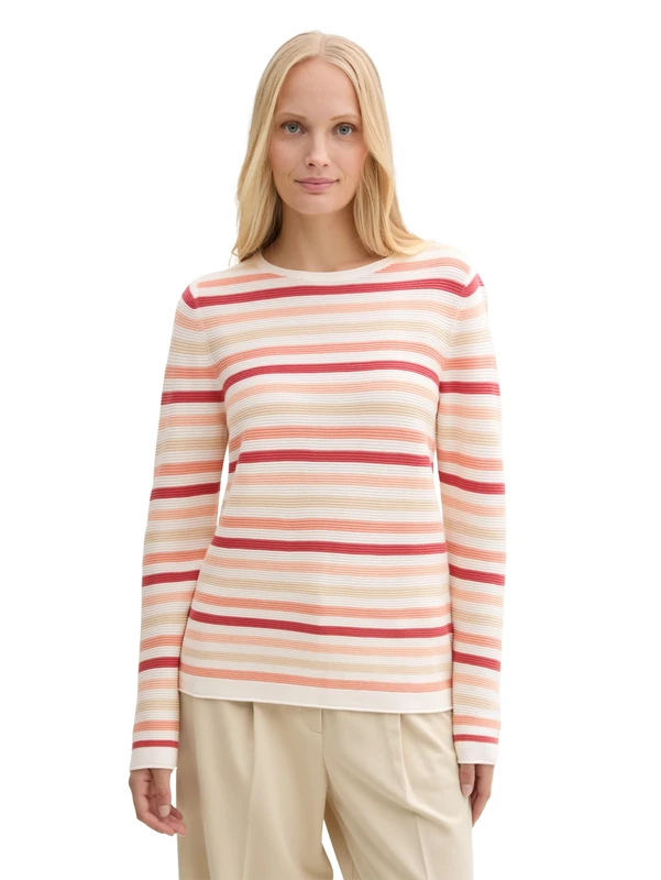 TOM TAILOR Women's 1016350 Pullover Sweater, 37148-Peachy Knit Stripe Design, XL