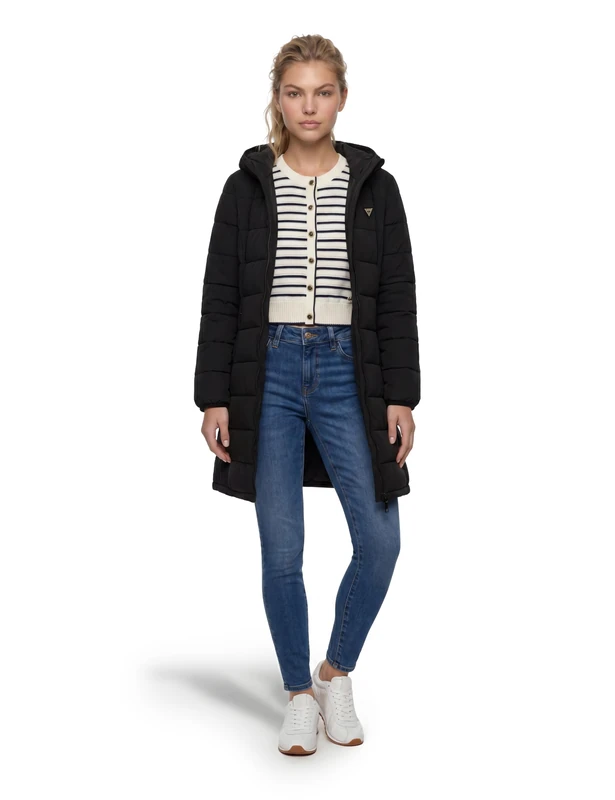 Guess Puffer Jacket Women Aleta Long Puffer Jacket Regular Fit Black