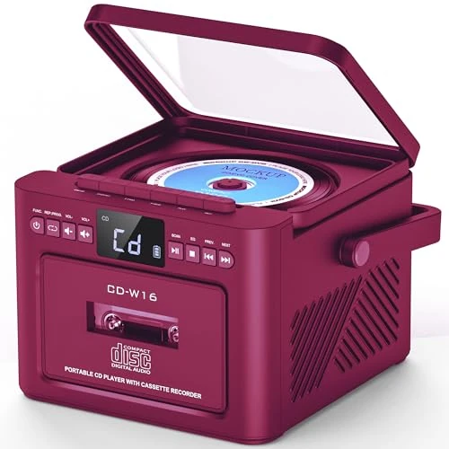 Greadio Portable CD Player for Home, Rechargeable Boombox Cassette Player, Radio CD Player with Bluetooth, Remote Control, 5000mAh Battery, USB, AUX, TF/SD Card, 5W Dual Stereo Speaker (Red)